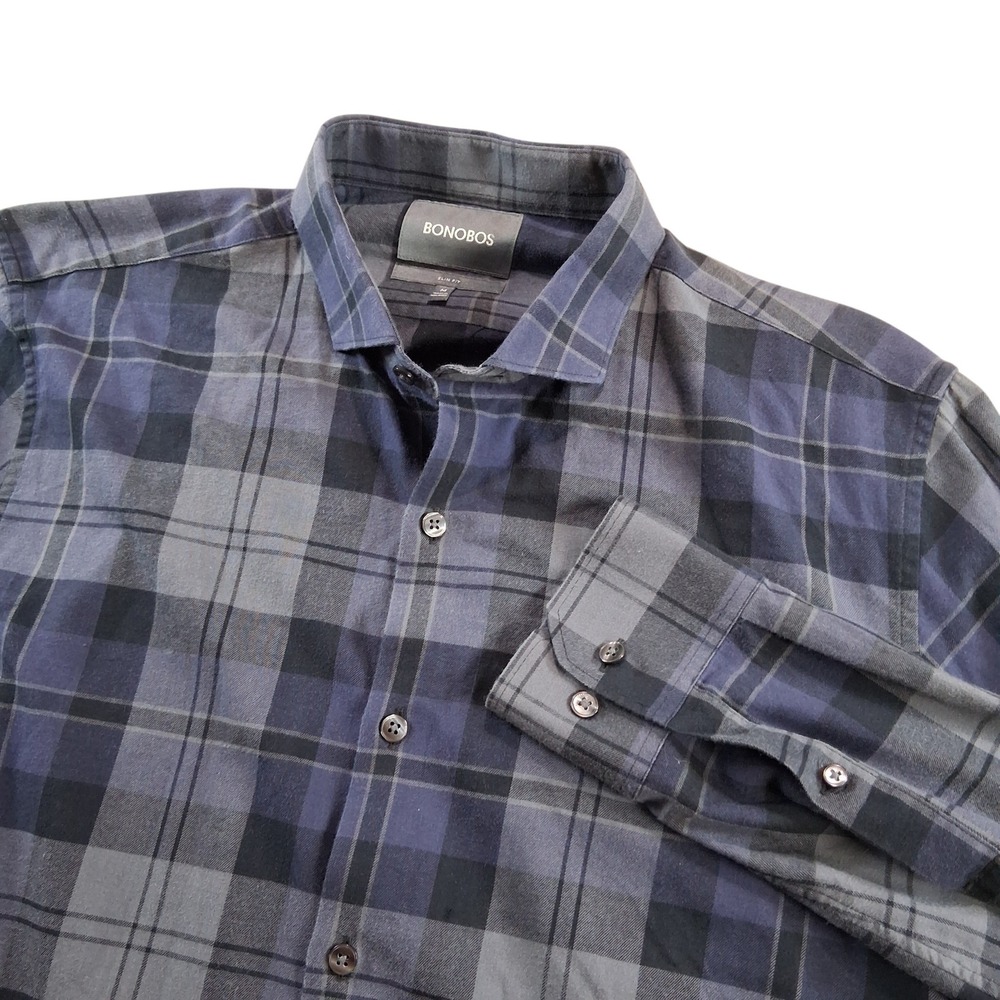Bonobos Button‎ Down Mens M Blue Grey Plaid Slim Fit Cotton Flannel Shirt